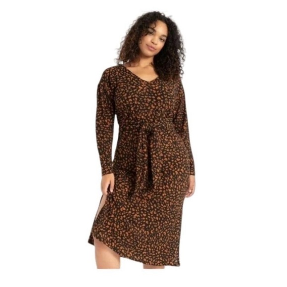 Eloquii elements animal print midi waist tie long sleeve dress ribbed size 22-24 - Picture 1 of 4
